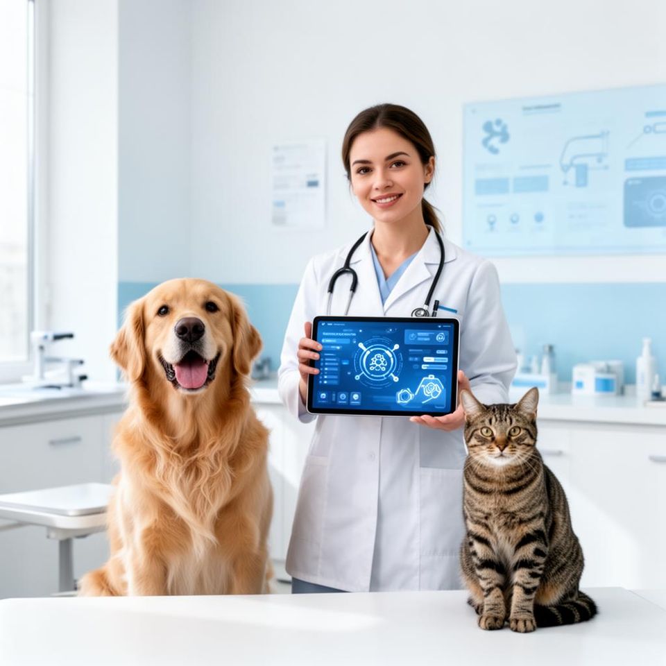 Veterinaria con tablet, cane e gatto